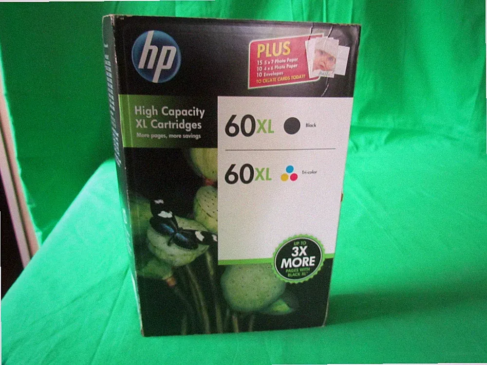 HP D8J61BN 60XL Black 60XL Tri Color Cartridges Photo Paper Combo Pack Ex 6/14