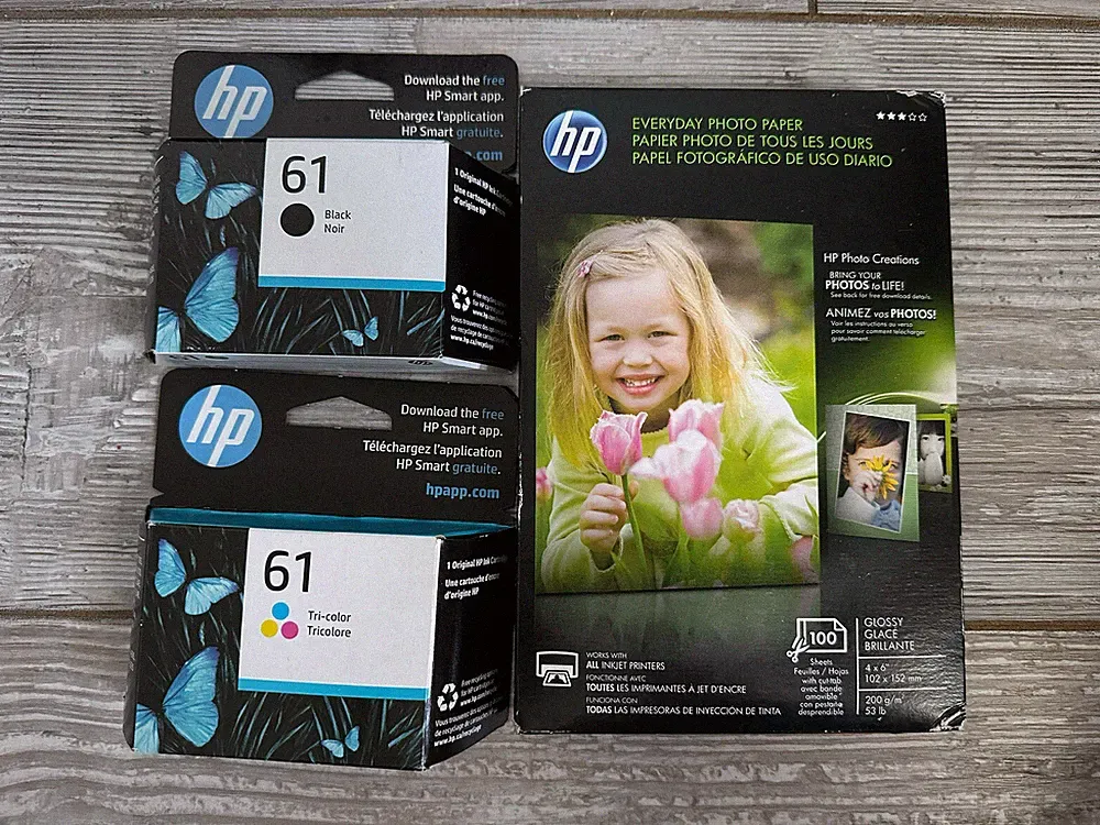 NEW HP 61 Tri-Color + Black Ink Cartridge + INKJET Photo Print Paper Bundle